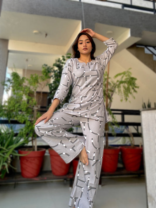 PASTEL ASH GEOMETRIC PRINT RAYON CO-ORD SET