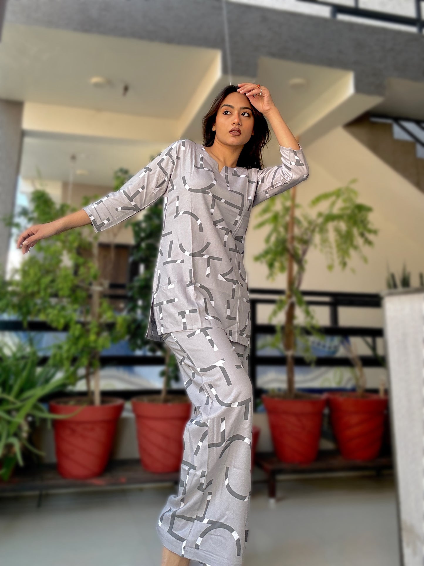PASTEL ASH GEOMETRIC PRINT RAYON CO-ORD SET