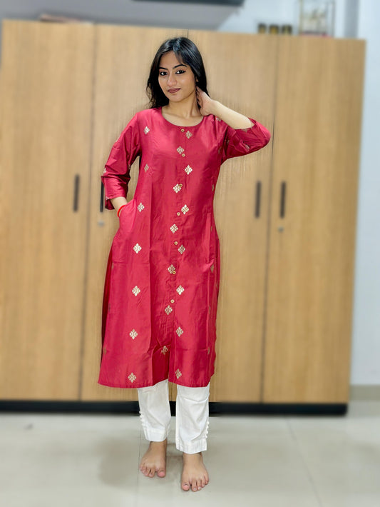 RUBY RED GOLDEN PATTERN SILK KURTI (Only Kurti)
