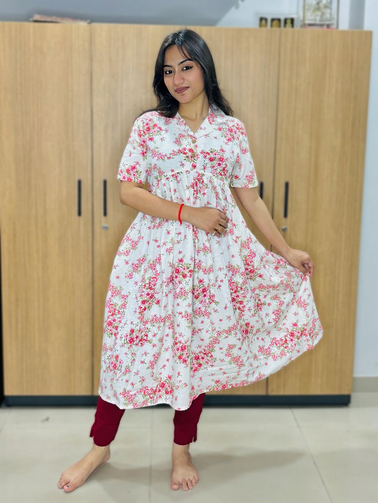 PEARL WHITE RED FLOWERS KURTI (Only Kurti)