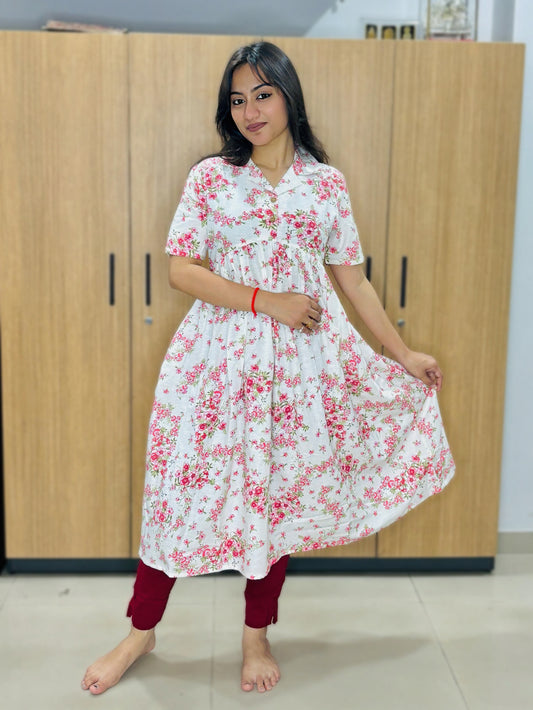 PEARL WHITE RED FLOWERS KURTI (Only Kurti)