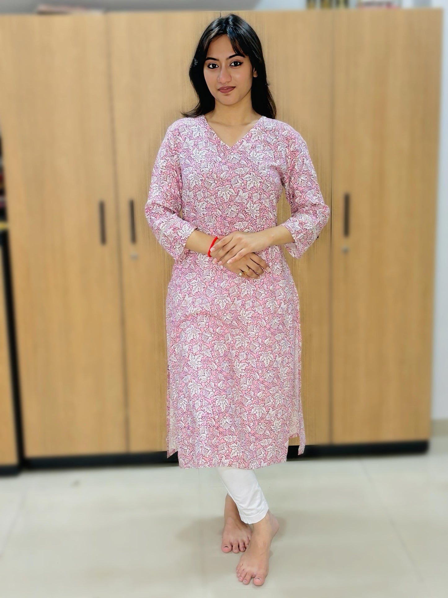 BABY PINK WHITE LEAF RAYON KURTI (Only Kurti)
