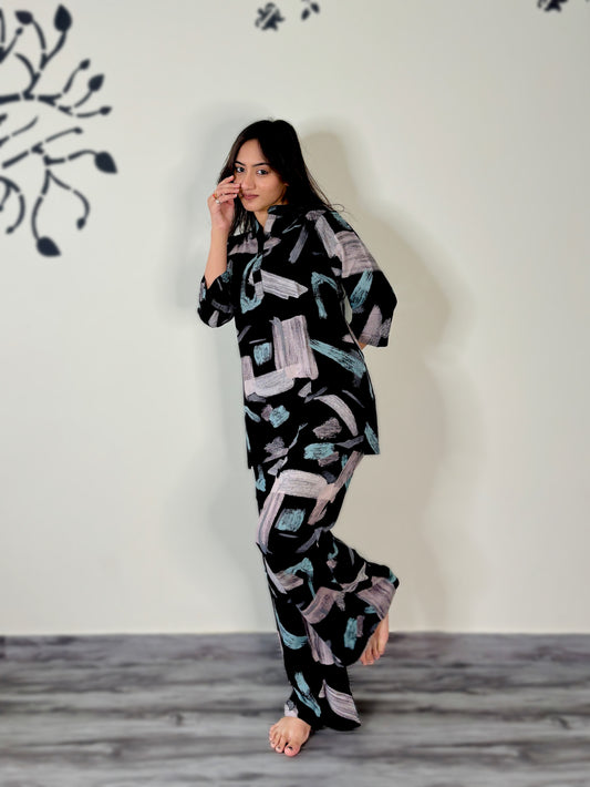 BLACK BRUSH PRINT RAYON CO-ORD SET