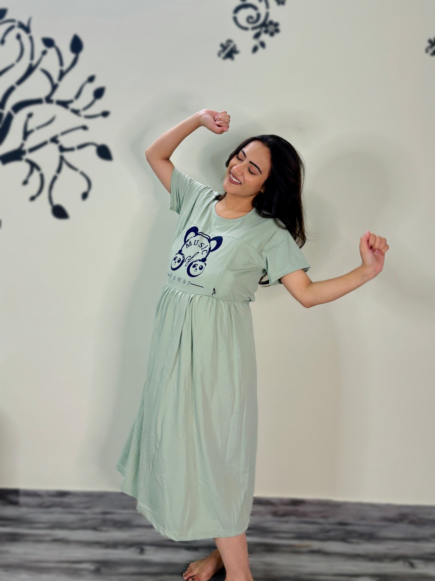 PASTEL GREEN MUSIC MATERNITY GOWN