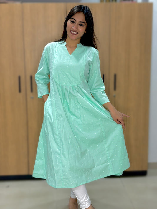 TURQUOISE WHITE DOTS COTTON KURTI (Only Kurti)