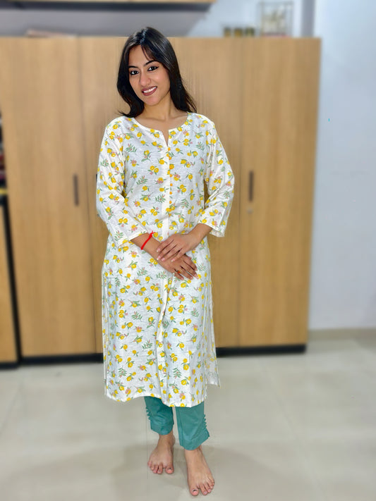 OFF WHITE ORANGES COTTON KURTI (Only Kurti)