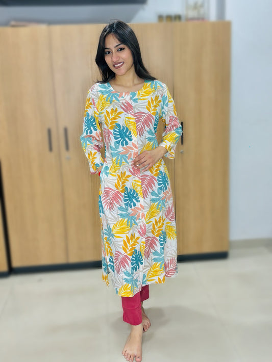 BIG LEAVES PRINTED RAYON KURTI (Only Kurti)