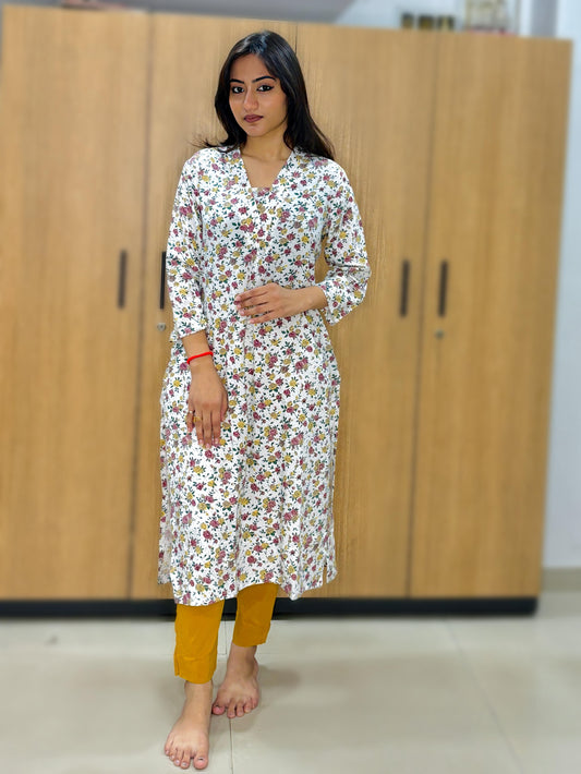 OFF WHITE COLOURFUL FLOWERS KURTI (Only Kurti)