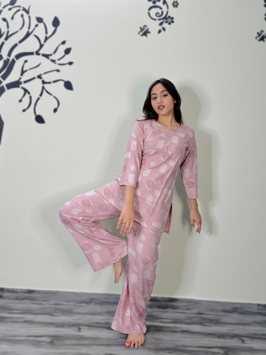 PASTEL PINK GEOMETRIC PRINT RAYON CO-ORD SET
