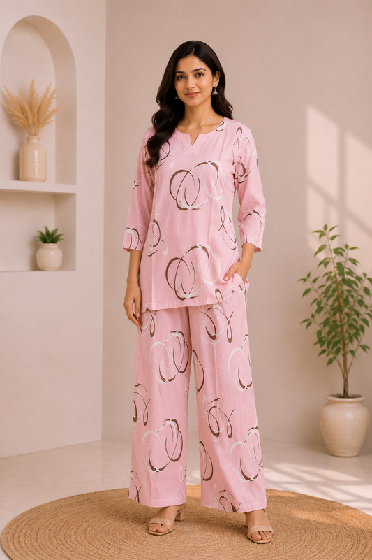 SOFT PINK SCRIBBLE RAYON CO-ORD SET