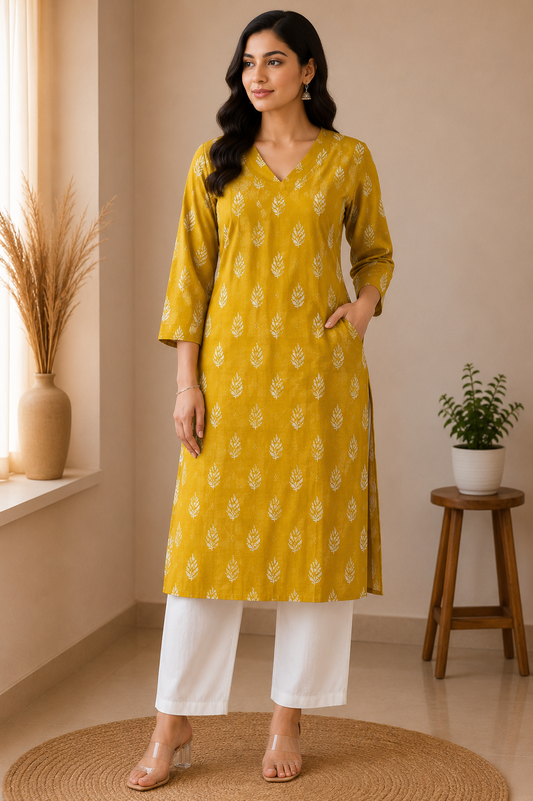 SUNFLOWER FLORAL BUTI COTTON KURTI (only kurti)