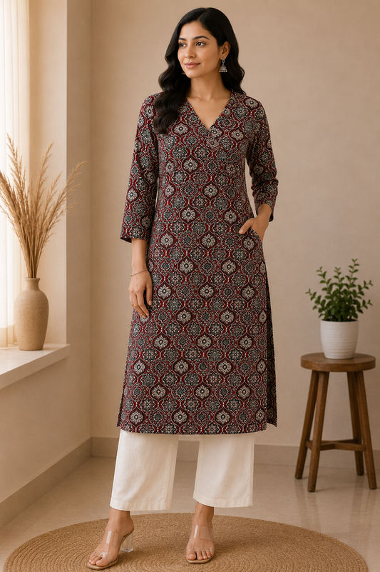 DEEP MAROON MOSAIC COTTON KURTI (only kurti)
