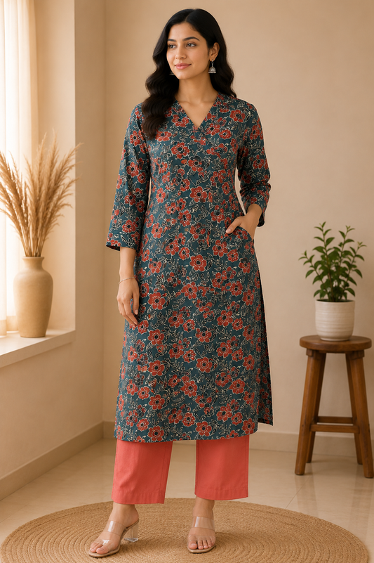 DUSTY TEAL BLOOMING COTTON KURTI (only kurti)