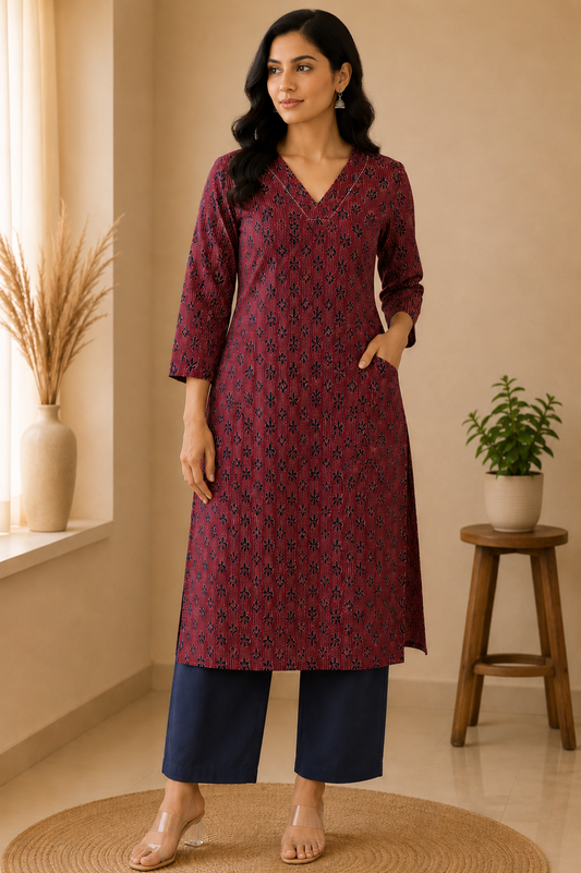 MAROON WEAVE VINE COTTON KURTI (only kurti)