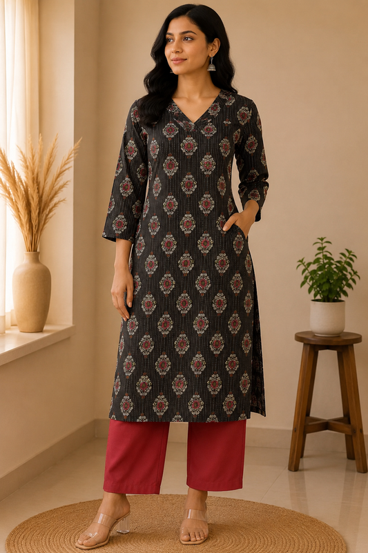 CHARCOAL BLACK VINTAGE COTTON KURTI (only kurti)