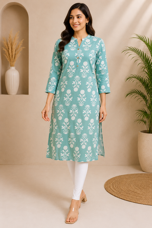 AQUA FLORA TRAIL COTTON KURTI (only kurti)