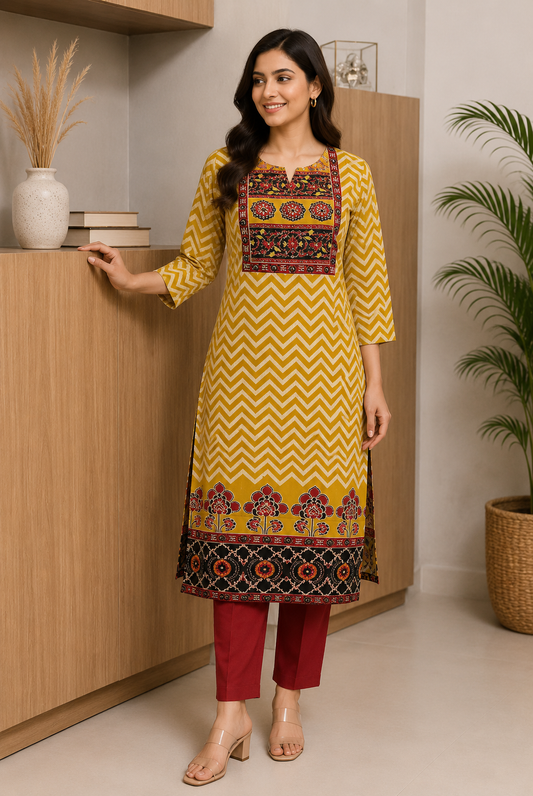 MUSTARD MOSAIC COTTON KURTI (only kurti)