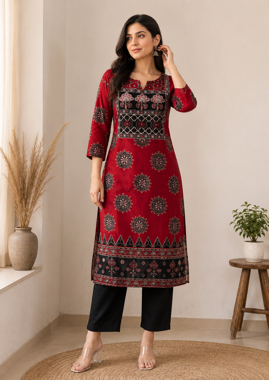 CRIMSON AJRAKH MOTIF COTTON KURTI (only Kurti)
