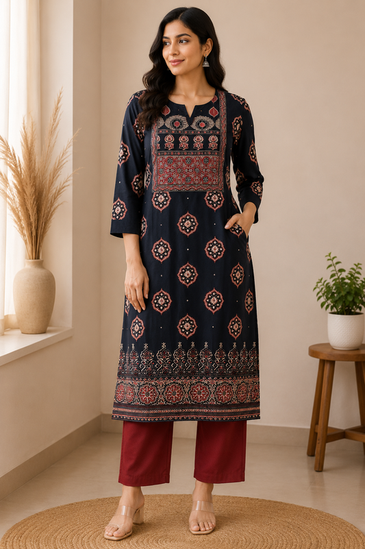 HERITAGE INK BLUE COTTON KURTI (only kurti)