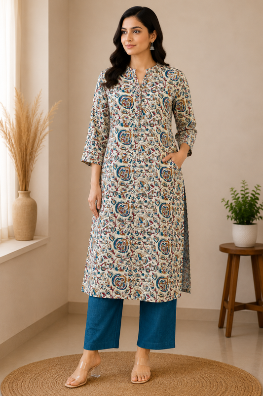 PEARL CREAM KALAMKARI COTTON KURTI (only kurti)