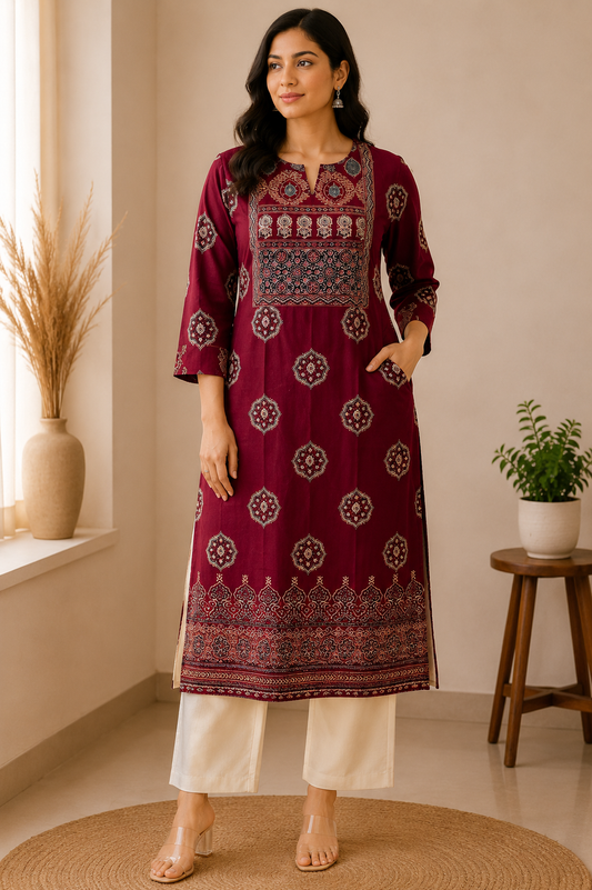 MAROON MAJESTY MOTIF COTTON KURTI (only kurti)