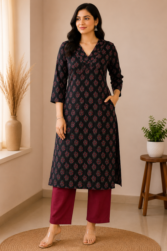 EBONY ELEGANCE LEAF COTTON KURTI (only kurti)