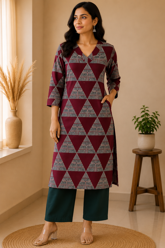 MAROON TRIBAL WEAVES COTTON KURTI (only kurti)