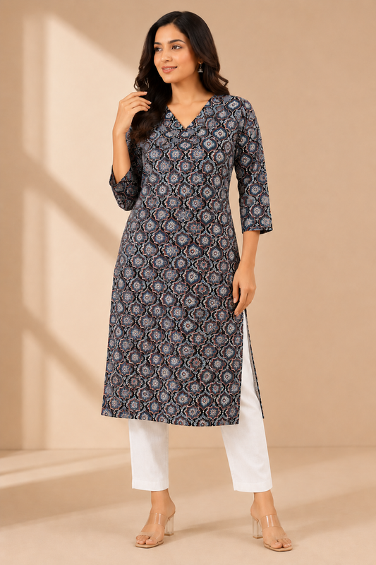 BLACK TREASURE TILE COTTON KURTI (only kurti)