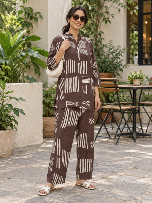 COFFEE TAUPE LINEAR RAYON CO-ORD SET