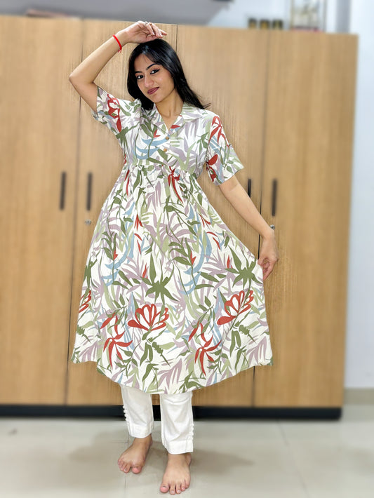 WHITE LEAF PRINTED RAYON KURTI (Only Kurti)
