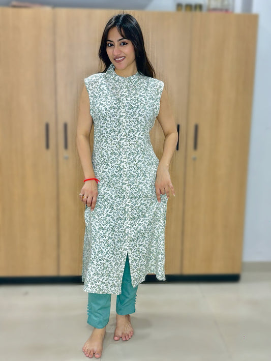 WHITE ALL OVER LEAVES KURTI (Only Kurti)