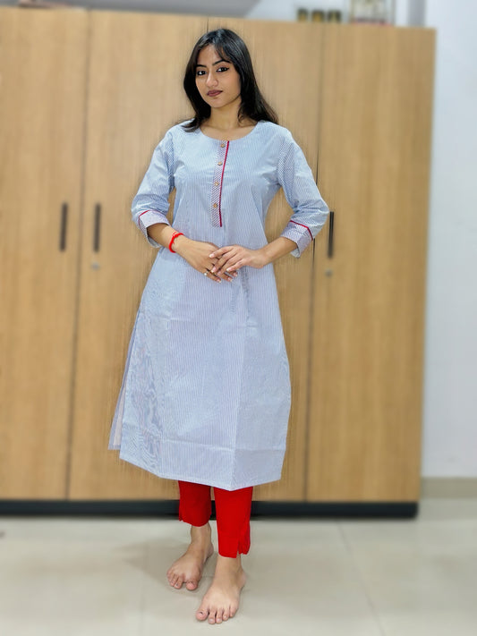 BLUE AND WHITE STRIPES COTTON KURTI (Only Kurti)
