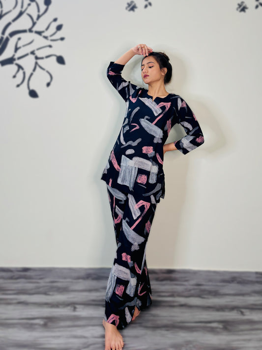 NAVY BLUE BRUSH PRINT RAYON CO-ORD SET