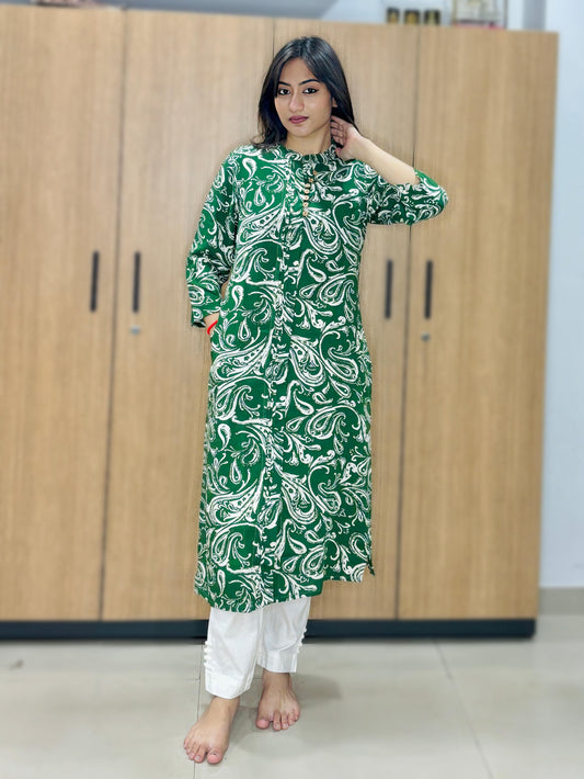 BASIL GREEN PAISLEY RAYON KURTI (Only Kurti)