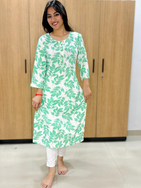 WHITE GREEN LEAVES KURTI (Only Kurti)