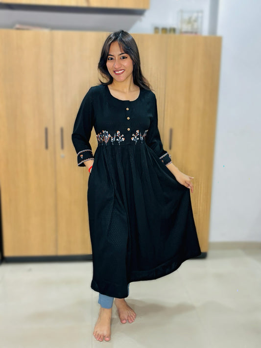 MIDNIGHT BLACK EMBROIDERY KURTI (Only kurti)