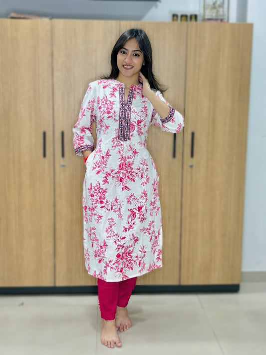 WHITE PINK FLORAL COTTON KURTI (Only Kurti)