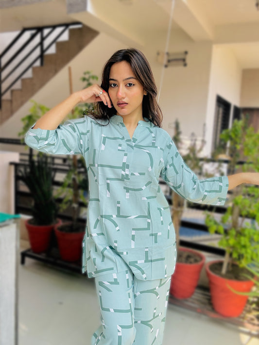 PASTEL GREEN GEOMETRIC PRINT RAYON CO-ORD SET