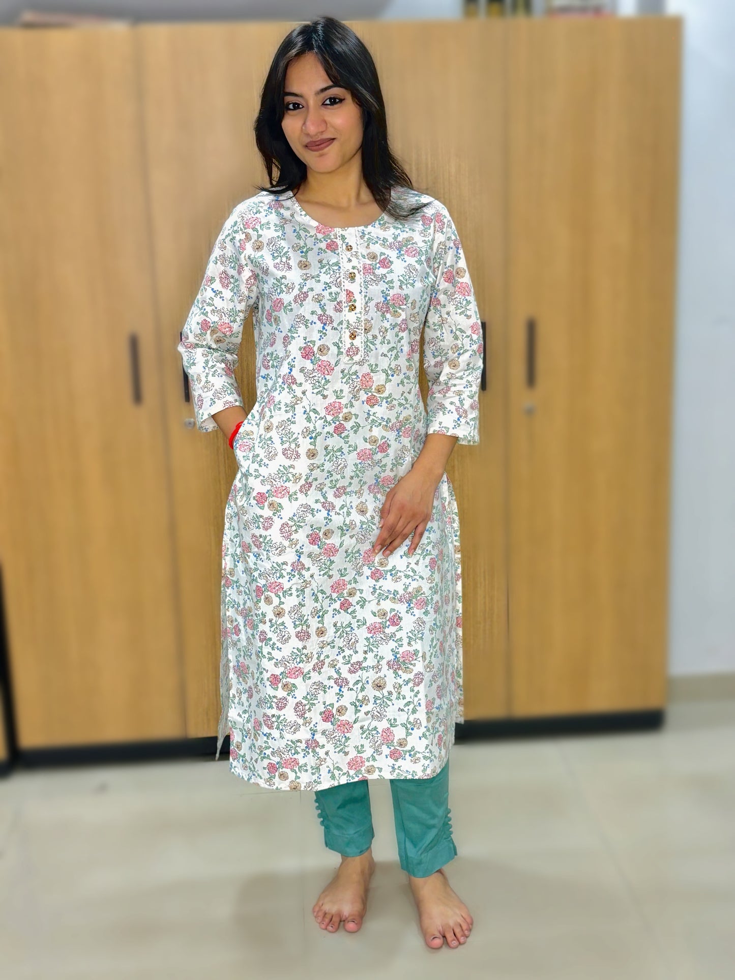 WHITE DITSY PRINT COTTON KURTI (Only Kurti)