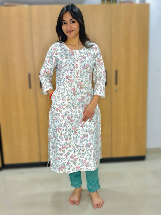 WHITE DITSY PRINT COTTON KURTI (Only Kurti)