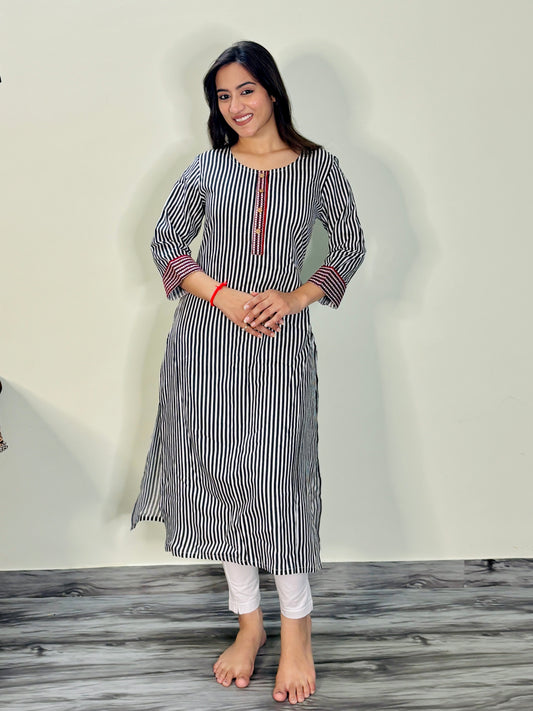 MONOCHROME STRIPES RAYON KURTI (Only kurti)