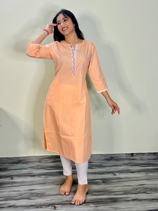 APRICOT WHITE POLKA COTTON KURTI (Only kurti)