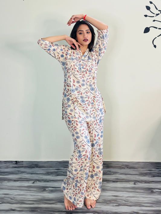 JASMINE WHITE BLUE FLOWERS RAYON CO-ORD SET