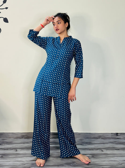 YALE BLUE POLKA DOTS RAYON CO-ORD SET