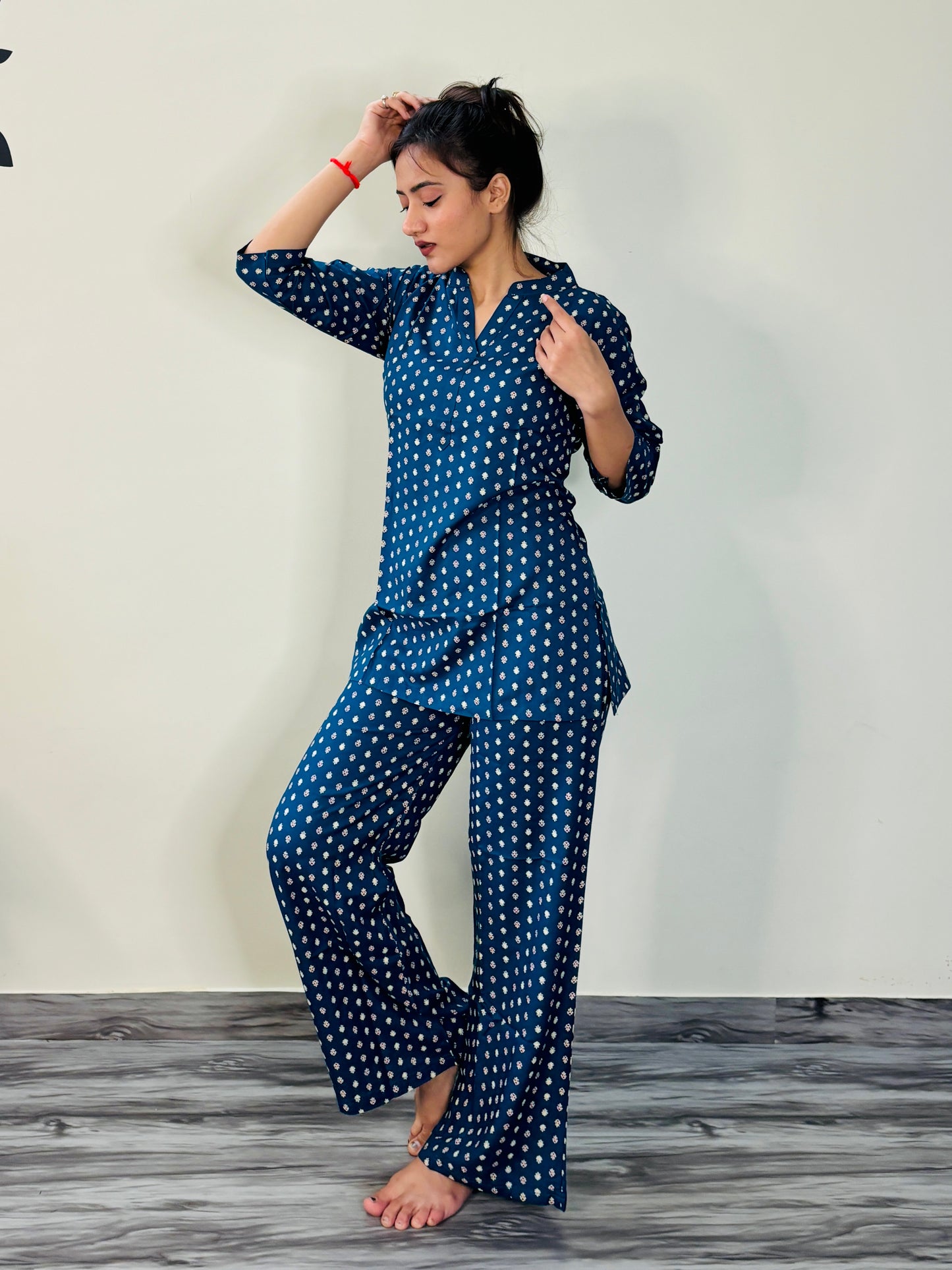 YALE BLUE POLKA DOTS RAYON CO-ORD SET