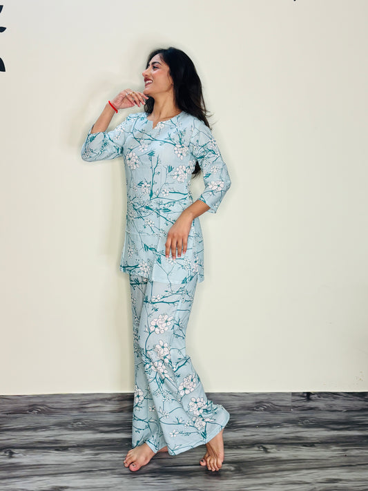 SKY BLUE IMPRESSIONIST RAYON CO-ORD SET