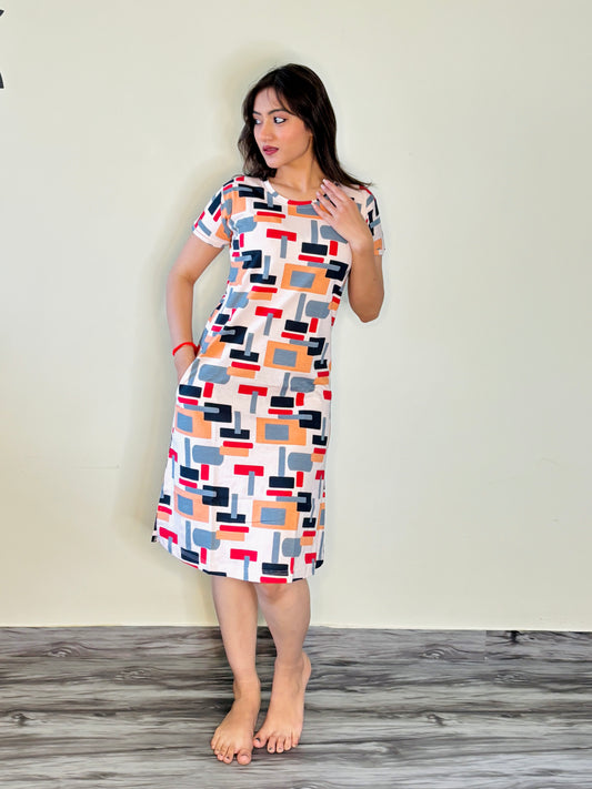 WHITE COLOURFUL BLOCKS PRINT SHORT NIGHTY
