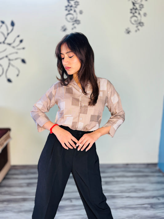 CREAM TAN ABSTRACT LINE RAYON SHIRT (only shirt)