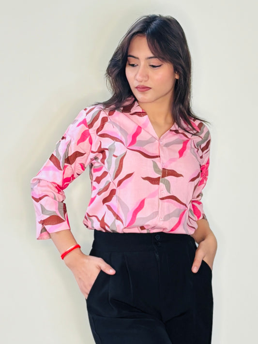 BLUSH PINK LEAVES SILK RAYON SHIRT (only shirt)