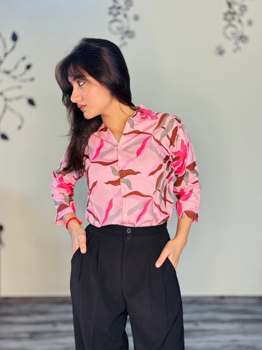 BLUSH PINK LEAVES SILK RAYON SHIRT (only shirt)